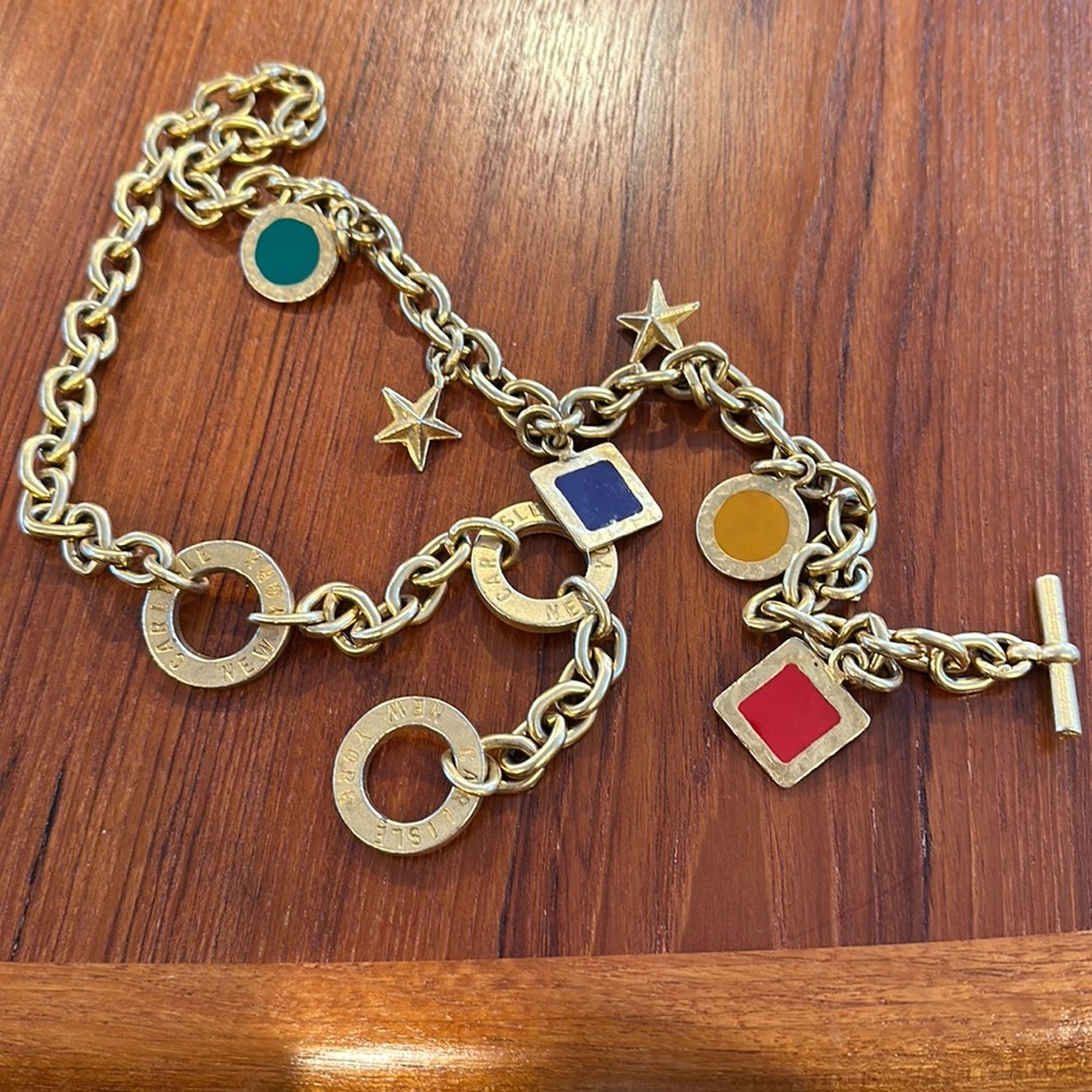 Carlisle New York Gold to ed metal chain belt with charms Vintage 33”-25”